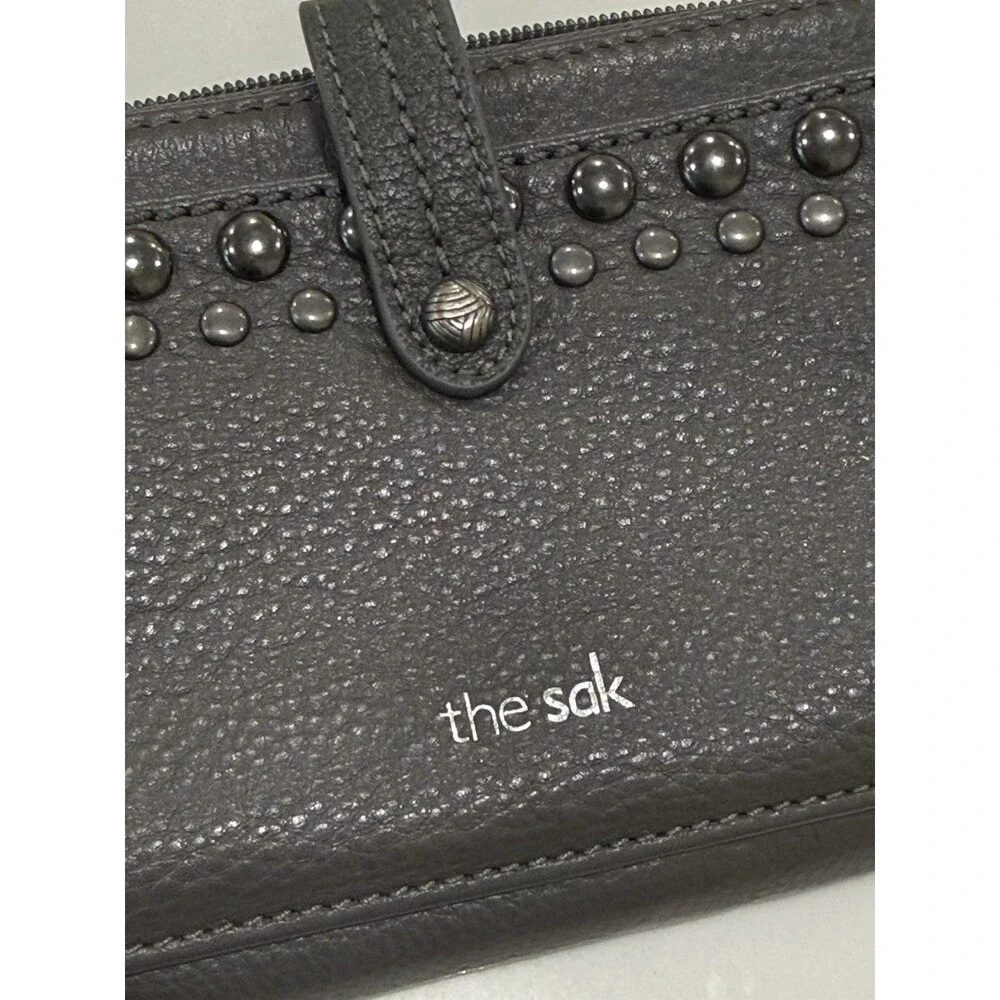 The Sak Iris Large Smartphone Crossbody Wristlet Gray Leather Studded